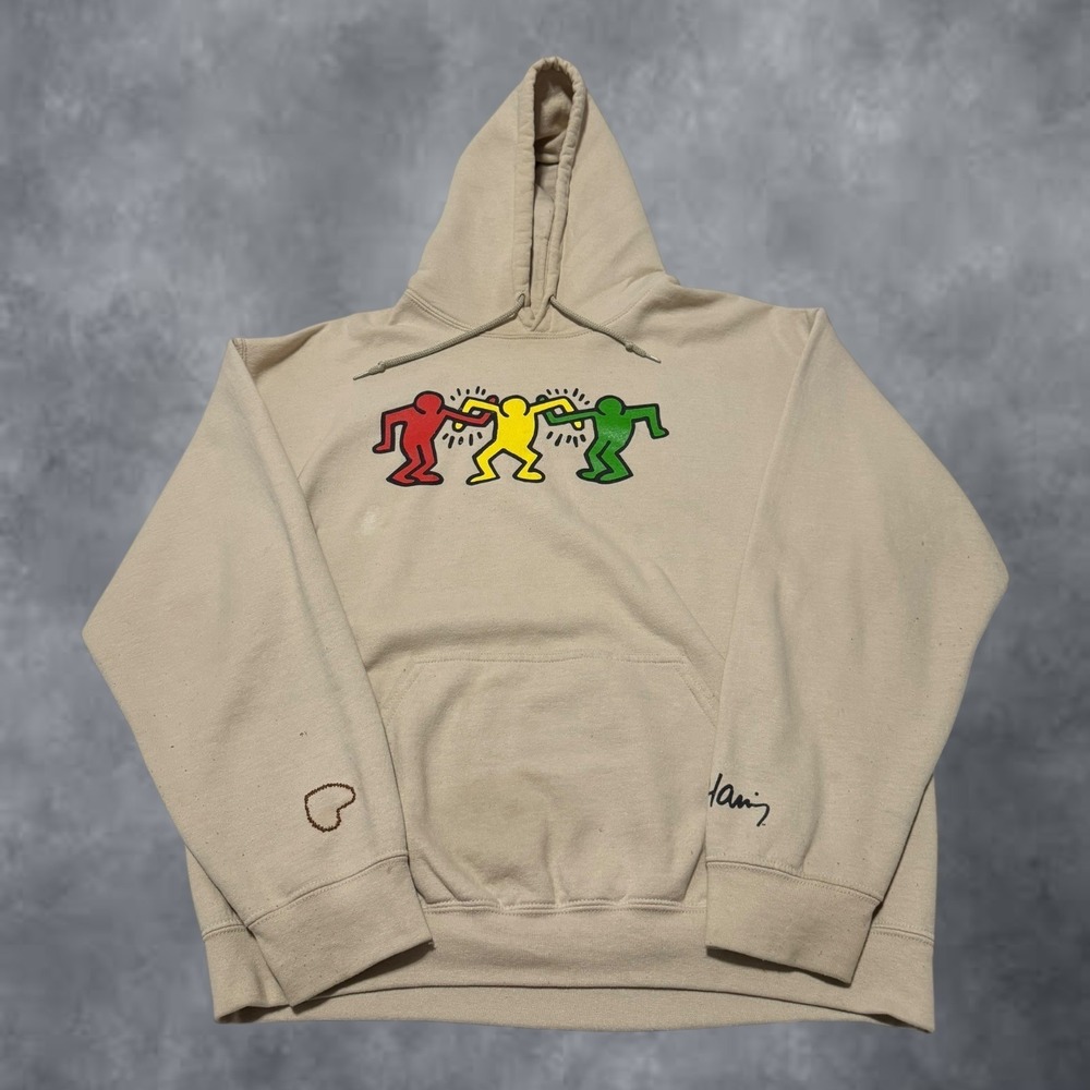 Keith Haring Mens Graphic Hoodie Tan Sand Dancing Men Art Pullover Sweatshirt L